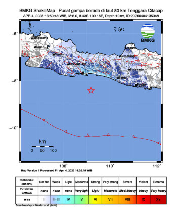 Gempa bumi magnitudo 5.0 yang mengguncang tenggara Cilacap hari ini. Foto : BMKG