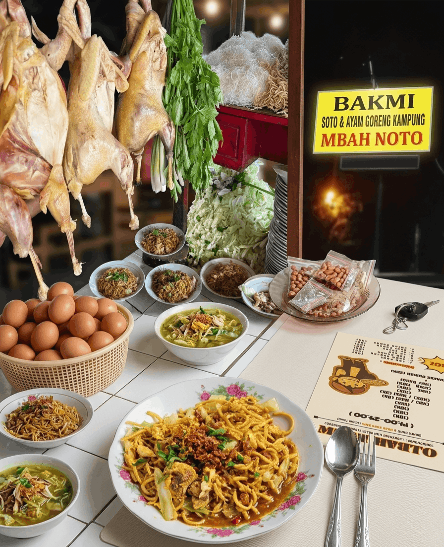 Semangkuk Bakmi Goreng basah yang kaya rasa (mlekoh), bertabur bawang goreng melimpah di atas piring bunga mawar yang ikonik. Foto: Dok Bakmi Jawa Mbah Wito Gunungkidul