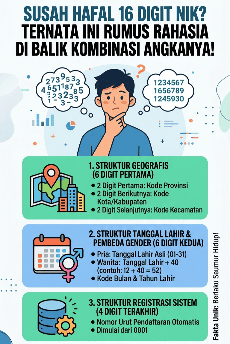 Ilustrasi panduan membaca rumus rahasia 16 digit Nomor Induk Kependudukan (NIK) untuk mempermudah dalam menghafal dan memahami identitas kependudukan digital. (Ilustrasi: Dok. Gradasigo)