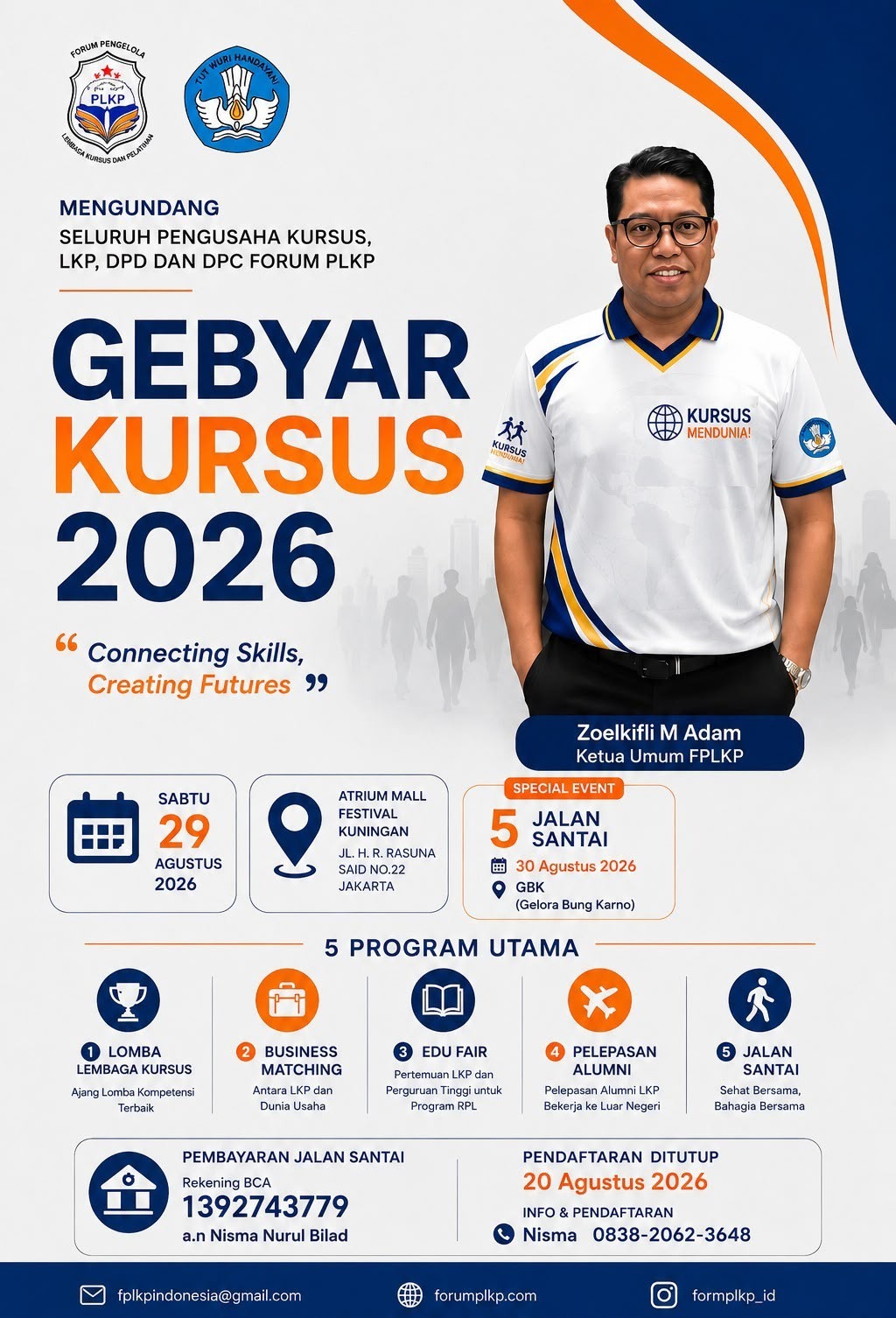 Gebyar Kursus 2026 mengusung tema “Connecting Skills, Creating Futures”, siap menghadirkan 5 program utama serta mengumpulkan ribuan praktisi vokasi, menteri, dan mitra industri pada 29- 30 Agustus 2026 di Jakarta. (Foto: Dok. Istimewa/FORUM PLKP)