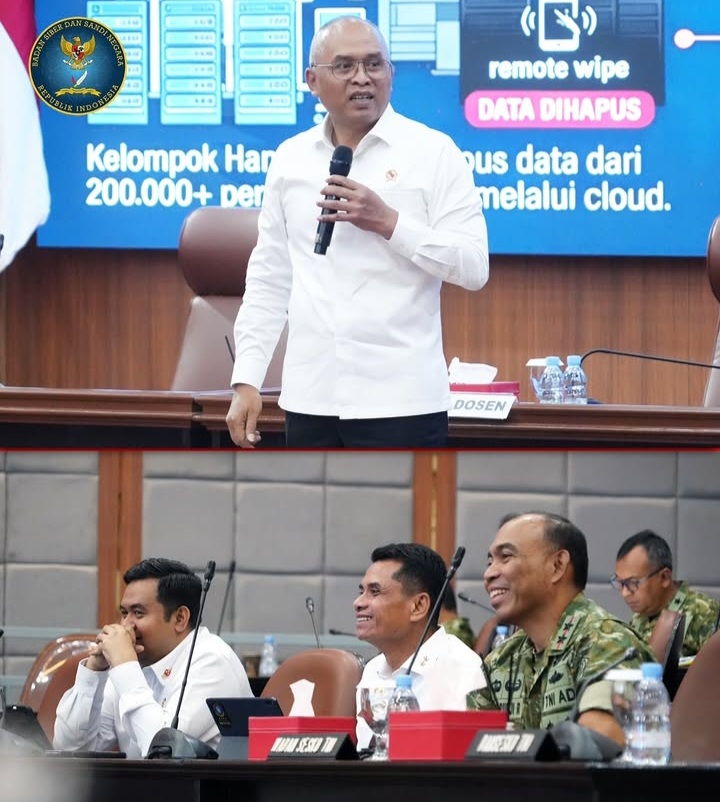 Kepala Badan Siber dan Sandi Negara (BSSN) Nugroho Sulistyo Budi saat memberikan paparan mengenai urgensi Electronic Warfare (EW) dan Cyber Warfare (CW) di hadapan 118 Perwira Siswa (Pasis) Sesko TNI di Bandung. Foto: Tangkapan Layar Ig BSSN