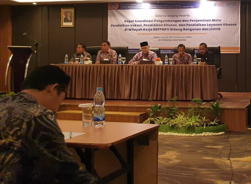 BBPPMPV Bidang Bangunan dan Listrik (BBL) menyelenggarakan Rapat Koordinasi Pengembangan dan Penjaminan Mutu Pendidikan Vokasi, Pendidikan Khusus, dan Pendidikan Layanan Khusus (PKPLK) di Hotel Polonia, Medan. (26-27/2). Foto: Istimewa