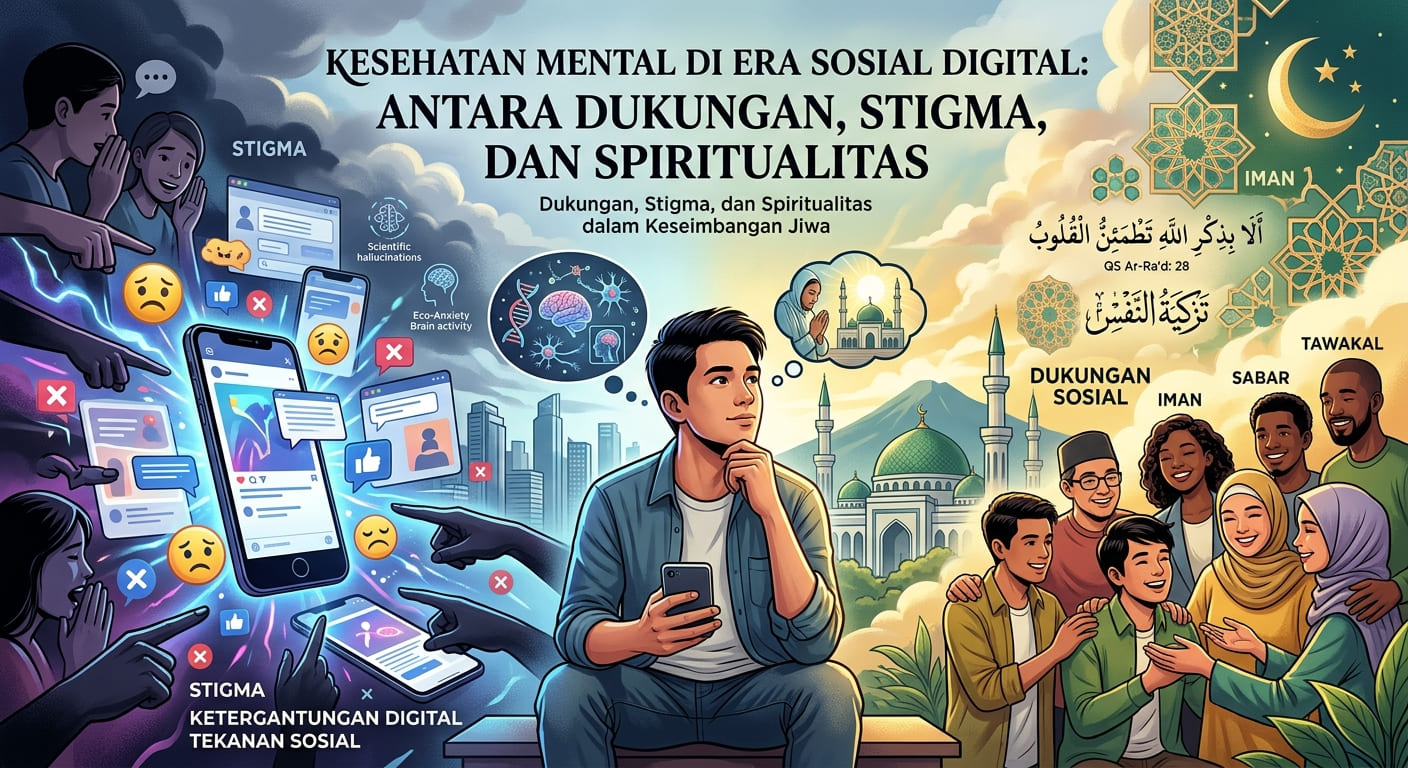 Gambar ilustrasi AI yang memvisualisasikan dinamika kompleks kesehatan mental di era sosial digital. 
