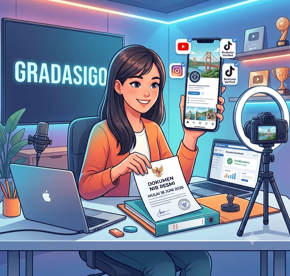 Pemerintah kini semakin serius menata ekosistem ekonomi kreatif digital. Berdasarkan aturan terbaru, kreator yang menjadikan platform media sosialnya sebagai aktivitas usaha, kini wajib memiliki Nomor Induk Berusaha (NIB). (Gambar Ilustrasi AI/Gradasigo)