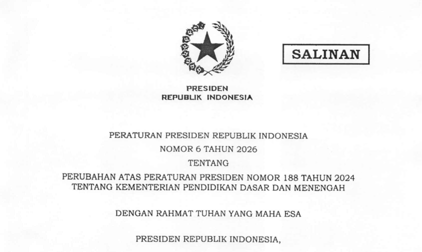 Peraturan Presiden (Perpres) Nomor 6 Tahun 2026 tentang Perubahan atas Peraturan Presiden Nomor 188 Tahun 2024 tentang Kementerian Pendidikan Dasar dan Menengah. Gambar: Tangkapan Layar Perpres No 6 Tahun 2026