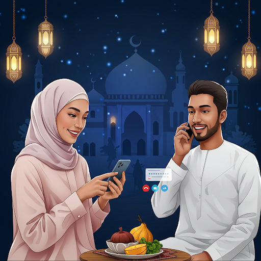 Gaya hidup bermedia sosial sambil beribadah di bulan Ramadhan, Foto : Ilustrasi meta AI