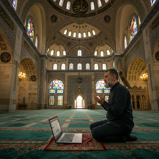 Ibadah ramdhan di depan Laptop, Foto : Ilustrasi Meta AI