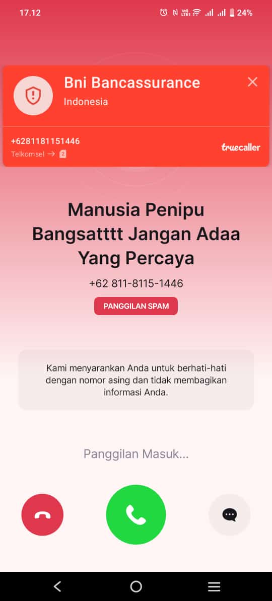 Salah satu spam telepon masuk ke hp setelah di filter dengan aplikasi truecaller. Foto : koleksi pribadi