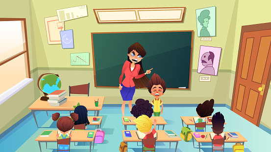 Guru memarahi siswa di depan kelas. Foto : istockphoto.com