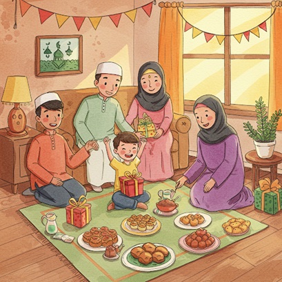 Suasana lebaran Idul Fitri dengan penuh kesederhanaan, Foto : Ilustrasi Meta AI
