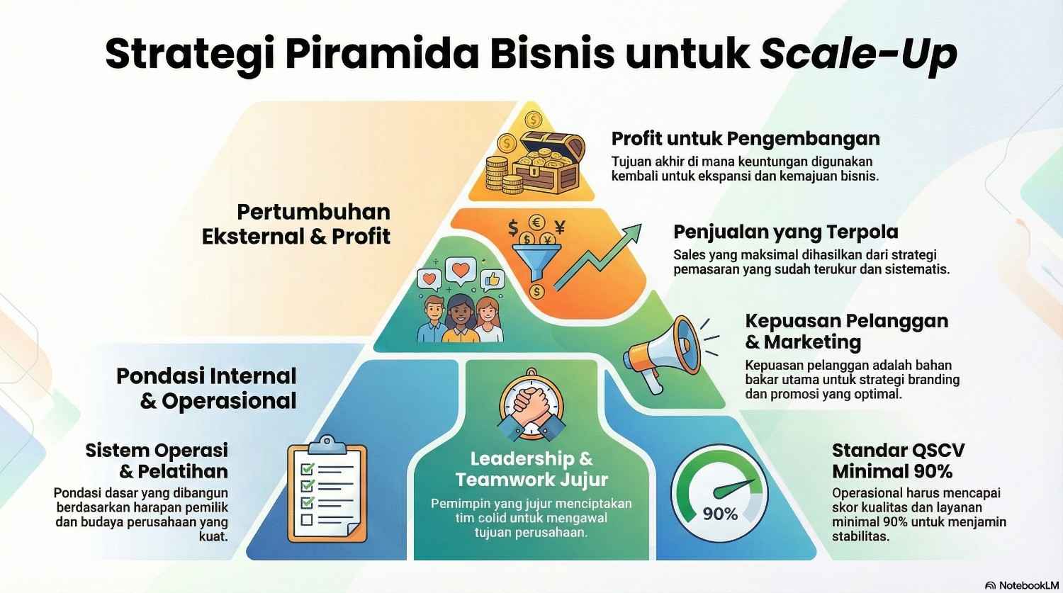 Infografis Strategi Bisnis: Memahami hirarki pengembangan usaha mulai dari sistem operasional, kualitas SDM, hingga strategi pemasaran yang efektif.